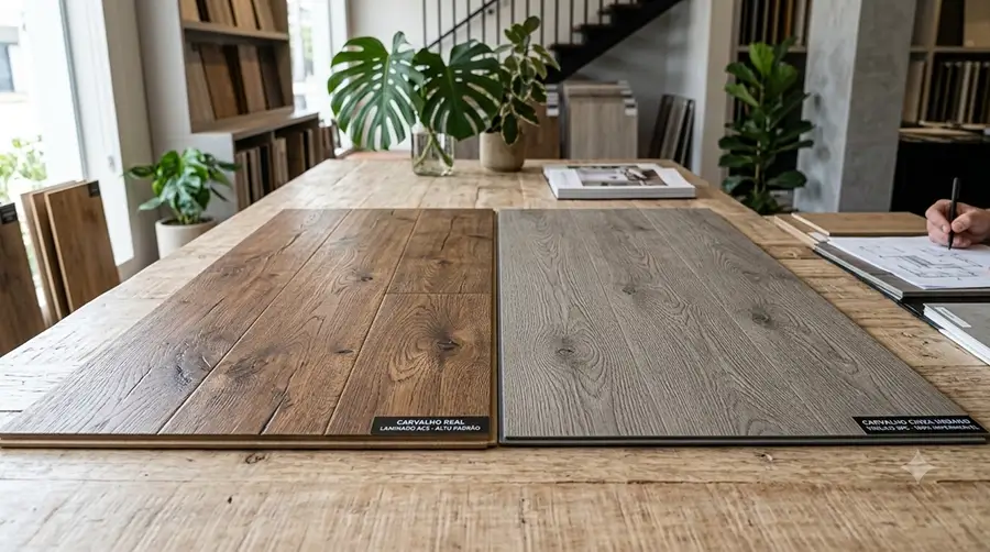 Amostras de piso vinílico e laminado lado a lado, evidenciando as texturas realistas e de alto padrão.]