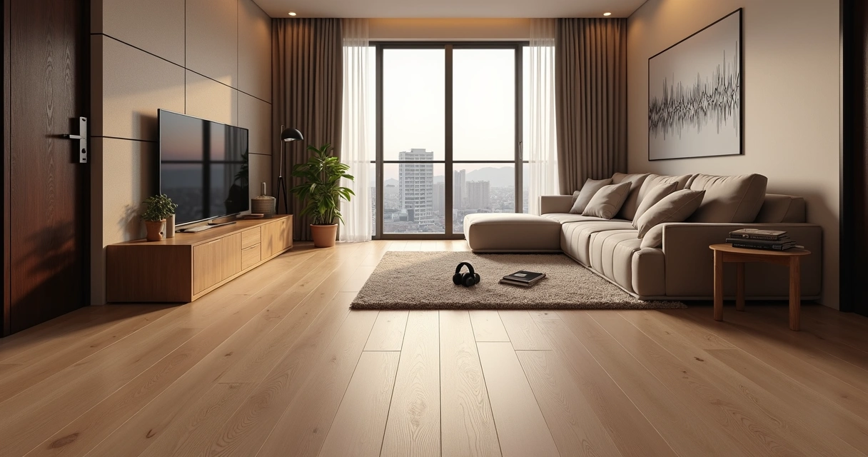 Sala de TV aconchegante com piso vinílico claro e detalhe de painel acústico na parede