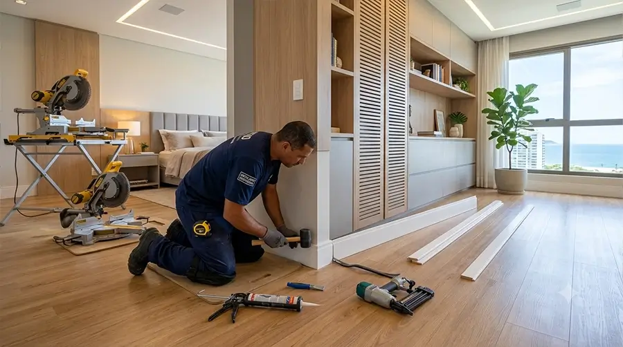 Instalador profissional ajustando com precisão o rodapé de um piso premium em um quarto planejado.